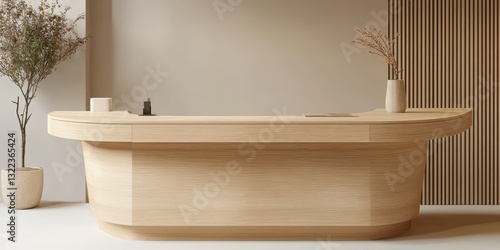 A modern wooden reception desk with simple decorative elements