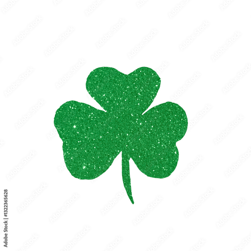 Green glitter shamrock with three leaves on a clean white background Green glitter shamrock with three leaves on a clean white background