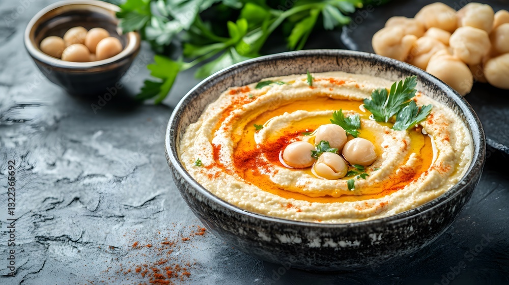Bowl of hummus with a garnish of parsley and chickpeas. The bowl is on a table with a black background Bowl of hummus with a garnish of parsley and chickpeas. The bowl is on a table with a black background
