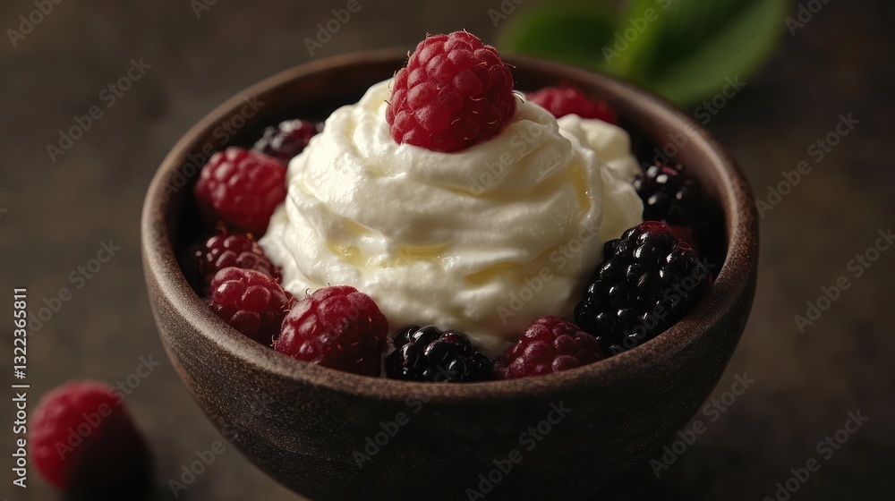 Creamy dessert with raspberries and blackberries in a wooden bowl. Creamy dessert with raspberries and blackberries in a wooden bowl.