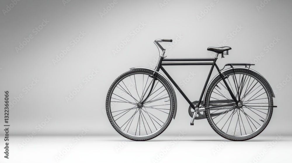 Fototapeta premium A sleek black bicycle, its frame gleaming under the spotlight, stands majestically on a pristine white backdrop, its presence a symbol of freedom and tranquility.