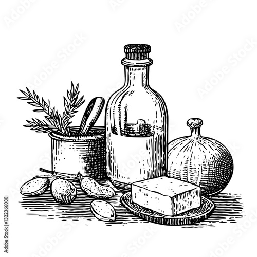 Engraved vector illustration of culinary ingredients for artistic tattoo design and unique packaging ideas