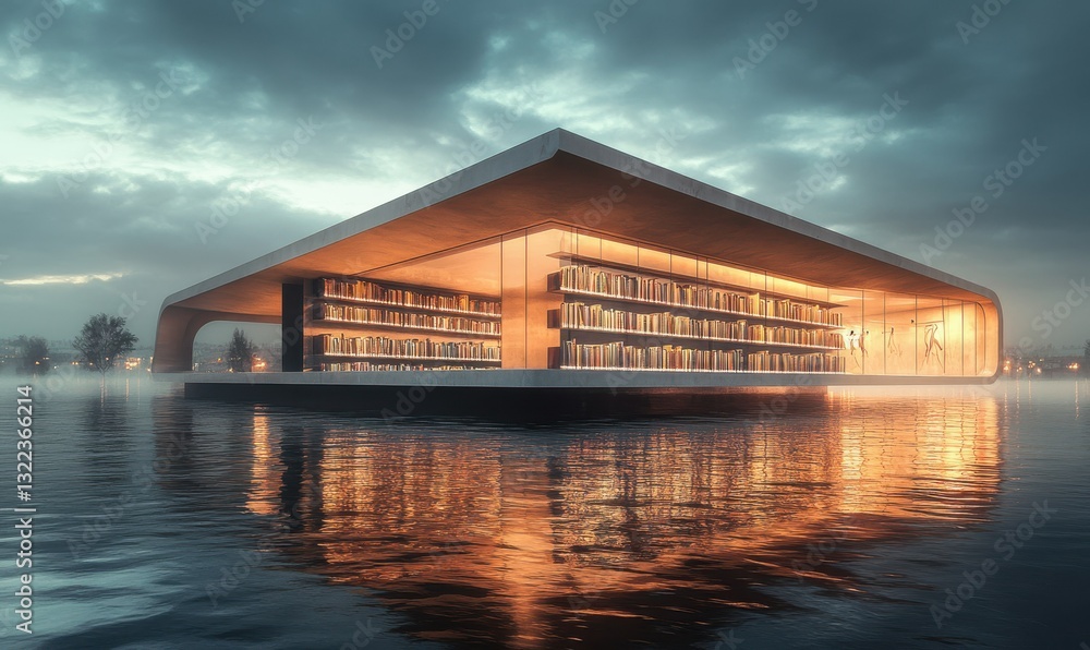 Fototapeta premium A modern library structure over water, illuminated by warm light.