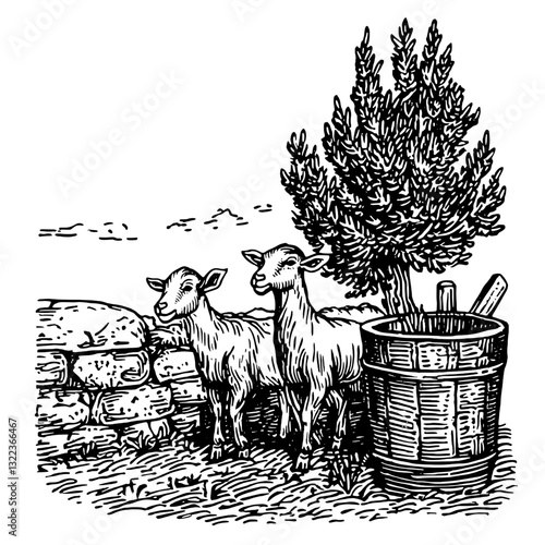 Engraved illustration of two goats by a wooden tub under a tree in a peaceful rural landscape