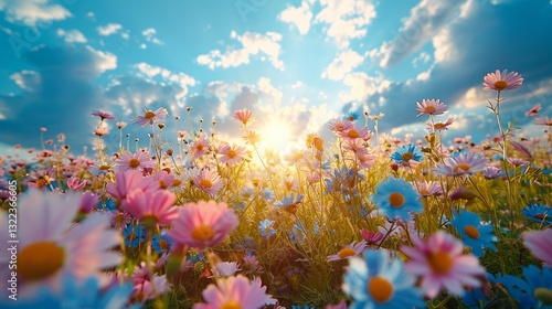 Beautiful Field Meadow With Chamomile Blue Wild Peas Closeup Against Blue Sky With Clouds Nature Landscape