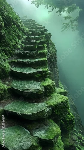 Serene moss-covered stone steps leading up a misty forest path