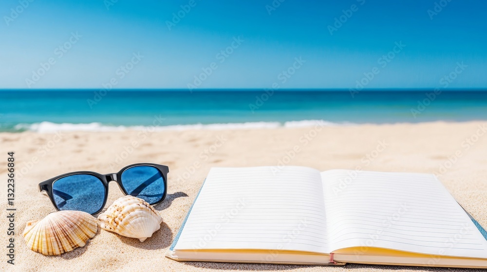 Relaxing beach scene with sunglasses and an open notebook on sandy shore, ocean waves in background Relaxing beach scene with sunglasses and an open notebook on sandy shore, ocean waves in background
