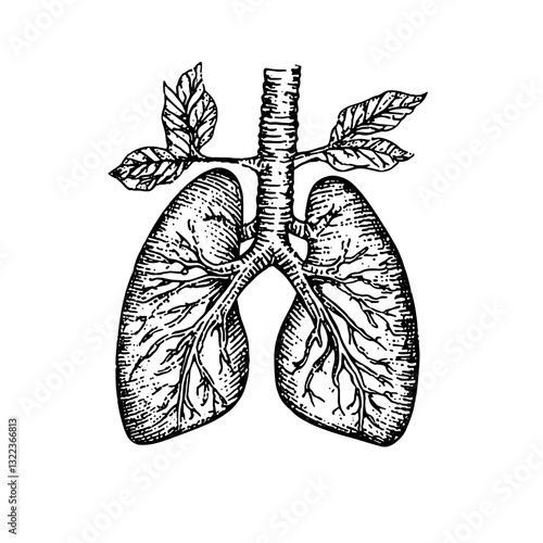 Intricate engraved lungs illustration combining botanical elements for creative tattoo and packaging design