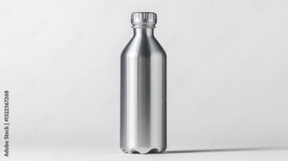 A pristine aluminum water bottle, its sleek surface reflecting the sunlight, stands proudly against a stark white backdrop, its smooth curves inviting a refreshing sip, with a clean clipping path A pristine aluminum water bottle, its sleek surface reflecting the sunlight, stands proudly against a stark white backdrop, its smooth curves inviting a refreshing sip, with a clean clipping path
