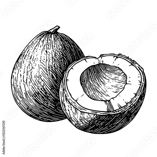 Intricate engraved illustration of a halved coconut showcasing detailed texture and craftsmanship for tattoo art and packaging design