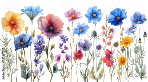 Beautiful Floral Watercolor Hand Drawn Summer Wild Field Flowers Illustration Clip Art