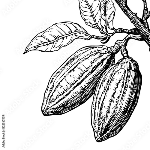 Intricate engraved vector illustration of cacao pods and leaves for packaging and tattoo design inspiration