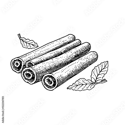 Engraved illustration showing cinnamon sticks with leaves, perfect for tattoo designs or packaging concepts