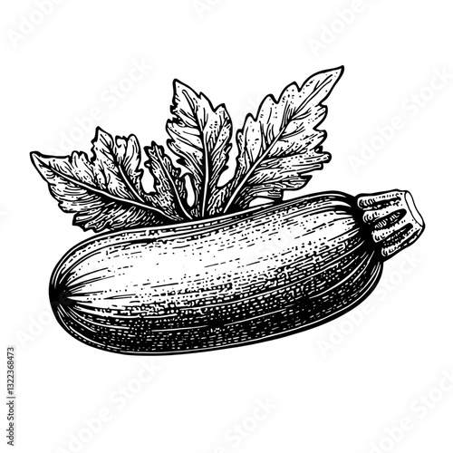 Intricate engraved zucchini illustration with leaves designed for tattoo art and packaging inspiration