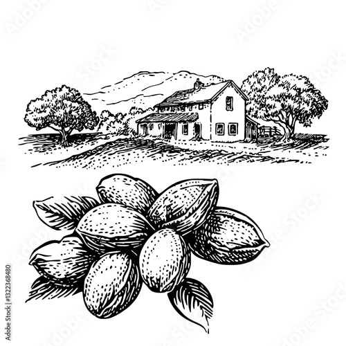 Engraved illustration of a serene countryside homestead with almond nuts nestled beneath lush trees and gentle rolling hills