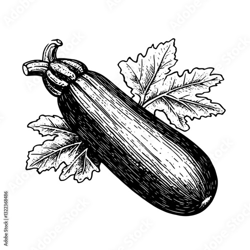 Engraved vector illustration of a zucchini with detailed leaves, perfect for tattoo designs and packaging ideas