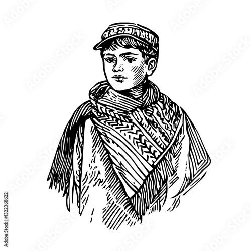 Engraved vector illustration of a young boy in a traditional poncho, showcasing cultural heritage and artistry ideal for tattoo designs and packaging