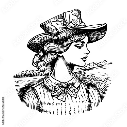 Elegant engraved illustration of a young woman in a hat set against a rural landscape, capturing the essence of vintage artistry