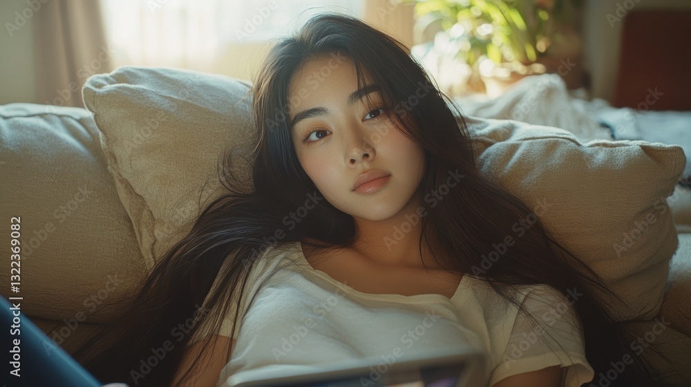 A young Asian woman, her long hair flowing gracefully, relaxes on a plush couch in a cozy living room, lost in the digital world of her tablet as she browses online shops and makes purchases. A young Asian woman, her long hair flowing gracefully, relaxes on a plush couch in a cozy living room, lost in the digital world of her tablet as she browses online shops and makes purchases.