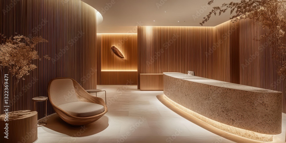 Fototapeta premium A modern minimalist reception area with wooden interior designs