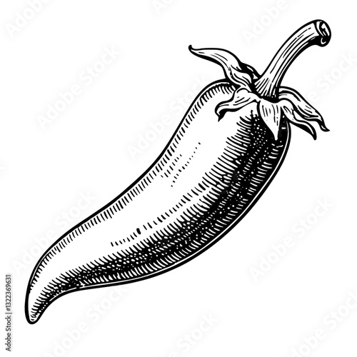 Intricate engraved chili pepper illustration for tattoo design and packaging concepts