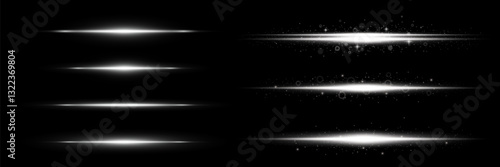 Set of white horizontal light rays.Neon sparks and thin dust particles.Shining lines and highlights on a dark background.