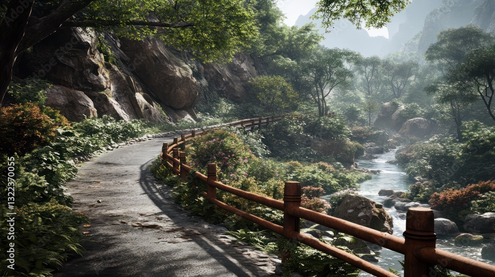 Winding Road Through Lush Mountain Valley Winding Road Through Lush Mountain Valley