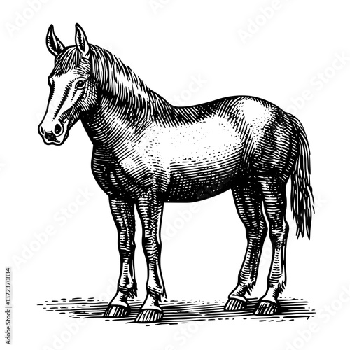 Engraved illustration of a majestic horse showcasing classic artistry for tattoo and packaging design