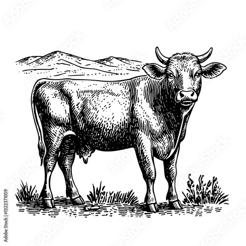 Engraved vector illustration of a cow in a serene rural landscape with mountains in the background, perfect for tattoo designs and packaging ideas