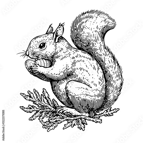 Charming squirrel captures a moment of tranquility while nibbling on a nut amidst leaves and branches in a serene woodland setting