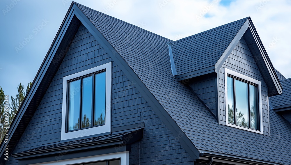 Modern House with Blue Roof and Dormer Windows. Generative AI Modern House with Blue Roof and Dormer Windows. Generative AI