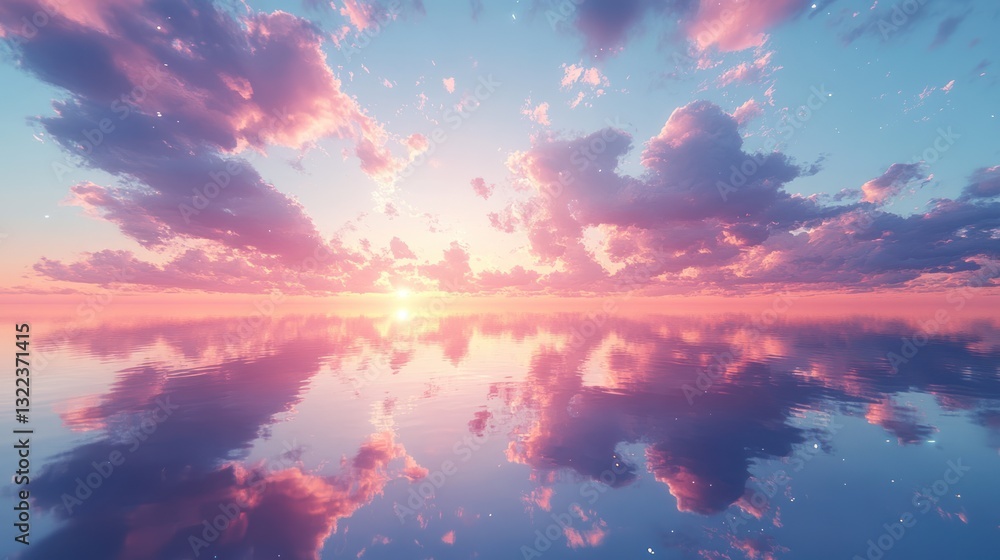 Naklejka premium Pink sunset reflected in calm water.