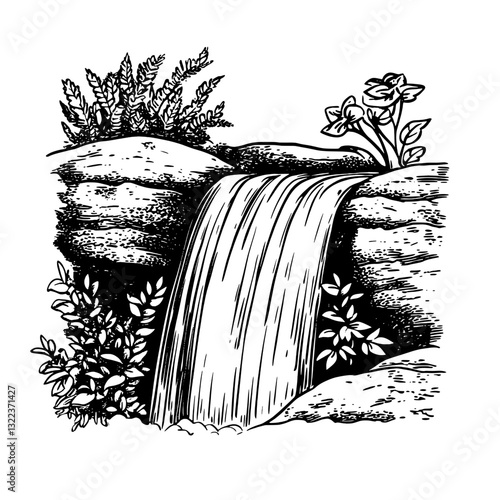 Flowing waterfall surrounded by lush greenery and delicate flowers creates a serene natural setting perfect for artistic tattoo designs