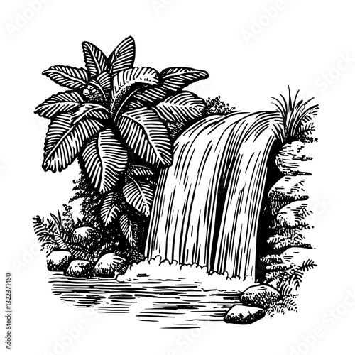 Serene waterfall cascading over rocks amidst lush foliage in a tranquil natural setting