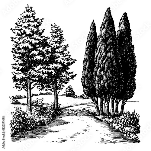 Engraved vector illustration of a serene country road surrounded by trees at midday