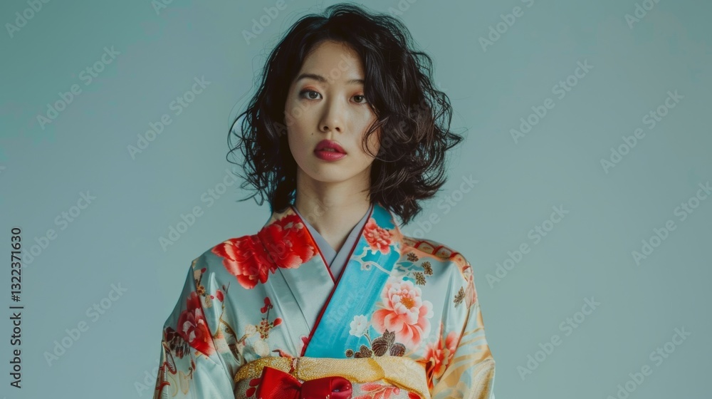 Beautiful Mixed White Korean Model Wearing Elegant Traditional Kimono Standing On Neutral Background With Solid Light Beautiful Mixed White Korean Model Wearing Elegant Traditional Kimono Standing On Neutral Background With Solid Light