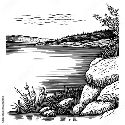 Nature's harmony captured in an engraved landscape featuring rocks and tranquil waters reflecting serenity