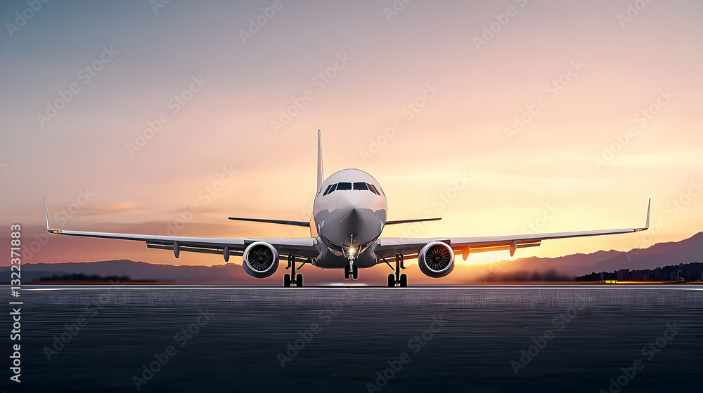 Naklejka premium White Passenger Airplane Taxiing on Runway During Sunset at an Airport