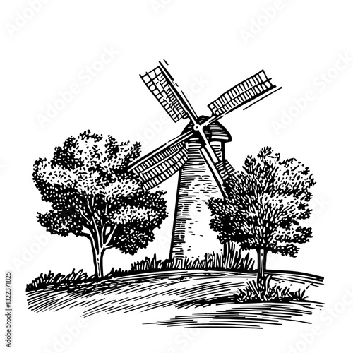 Whimsical vector illustration of a windmill surrounded by lush trees, perfect for tattoo and packaging designs