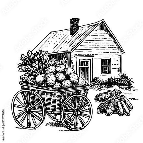 Crafted vegetable cart illustration showcasing fresh produce in front of a quaint rustic house for tattoo and packaging design