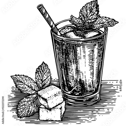 Refreshing minty beverage illustration for creative tattoo and packaging designs in an intricate engraved style