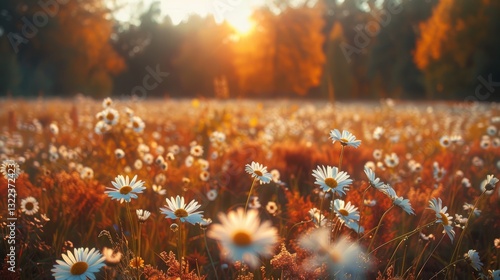 Beautiful Nature Field with Wild Flowers Scenery in Autumn Colors