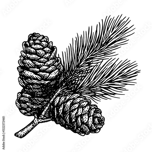 Engraved illustration of pine cones and needle branches designed for tattoo and packaging purposes