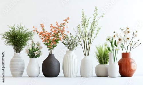 Aesthetic Collection of Various Decorative Vases with Stylish Plants and Flowers Isolated on a White Background for Modern Living Spaces