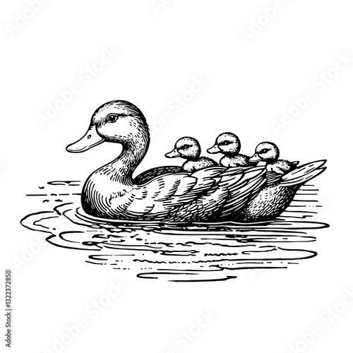 Engraved illustration of a mother duck swimming with her ducklings in a serene pond, showcasing nature's beauty and family bonds