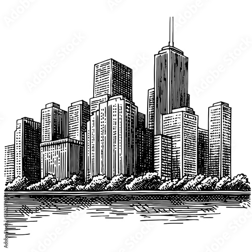 Engraved skyline illustration captures city life with intricate details showcasing urban architecture and natural surroundings