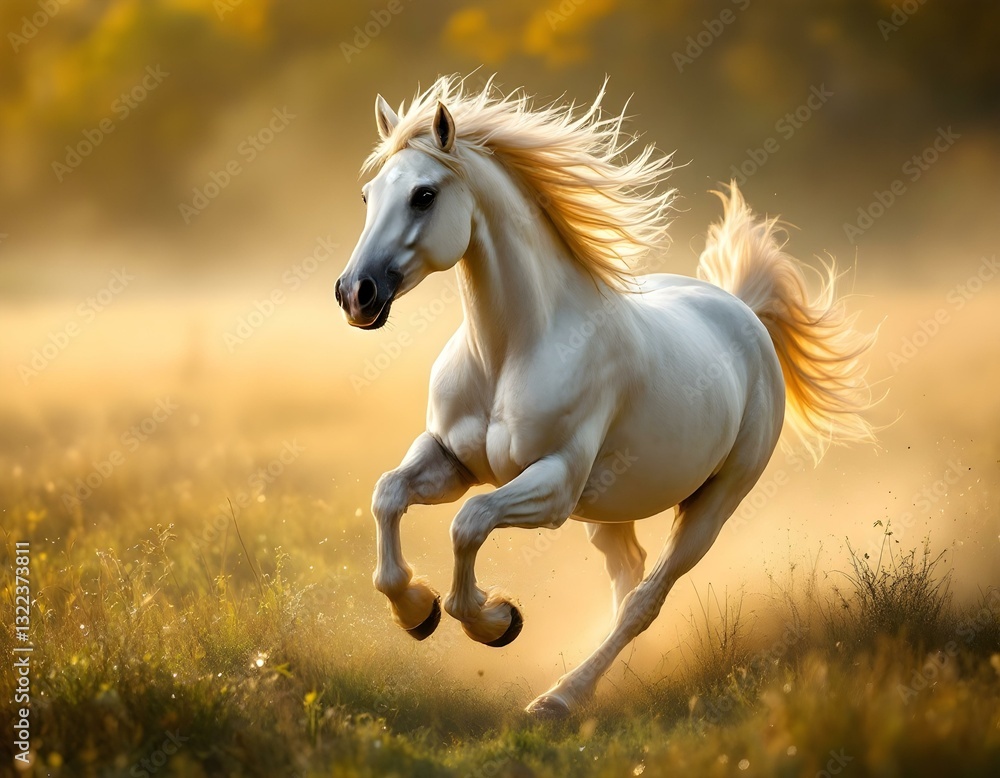 A majestic white horse galloping through a misty meadow at sunrise, its mane flowing in the wind, dew-covered grass, golden light, early autumn A majestic white horse galloping through a misty meadow at sunrise, its mane flowing in the wind, dew-covered grass, golden light, early autumn