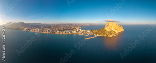 Aerial view of Calpe, Spain with Peñón de Ifach and Mediterranean coast