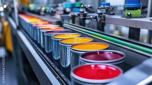 Vibrant Paint Cans Moving on Conveyor Belt in Factory