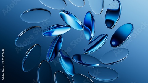 Wallpaper Mural 3d rendering. Abstract blue aesthetic background. Round glass lenses with reflective surface floating on air arranged in shape of a ring Torontodigital.ca